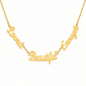 A gold script affirmation nameplate necklace spelling out 'Loved Beautiful Enough' on a delicate gold chain, shown against a plain white background.