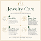 An infographic titled 'Jewelry Care' from YBE Jewelry, featuring four numbered tips with icons on a cream background with a thin gold border. The tips include keeping jewelry dry, storing it with care, applying beauty products first, and cleaning gently.