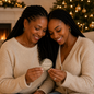 Two women sitting close together in a cozy indoor setting, smiling as they look at a round printed card held between them. A Christmas tree with warm lights is blurred in the background.