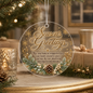 Round clear glass Christmas ornament hanging from a string, printed with gold 'Season's Greetings' script, gold snowflakes, a green pine branch wreath, pinecones, and a holiday message, shown in a warm holiday room setting.