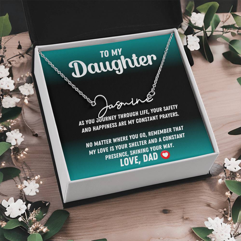 To My Daughter - No Matter Where You Go - Signature Style Name Necklace-silver-flower background