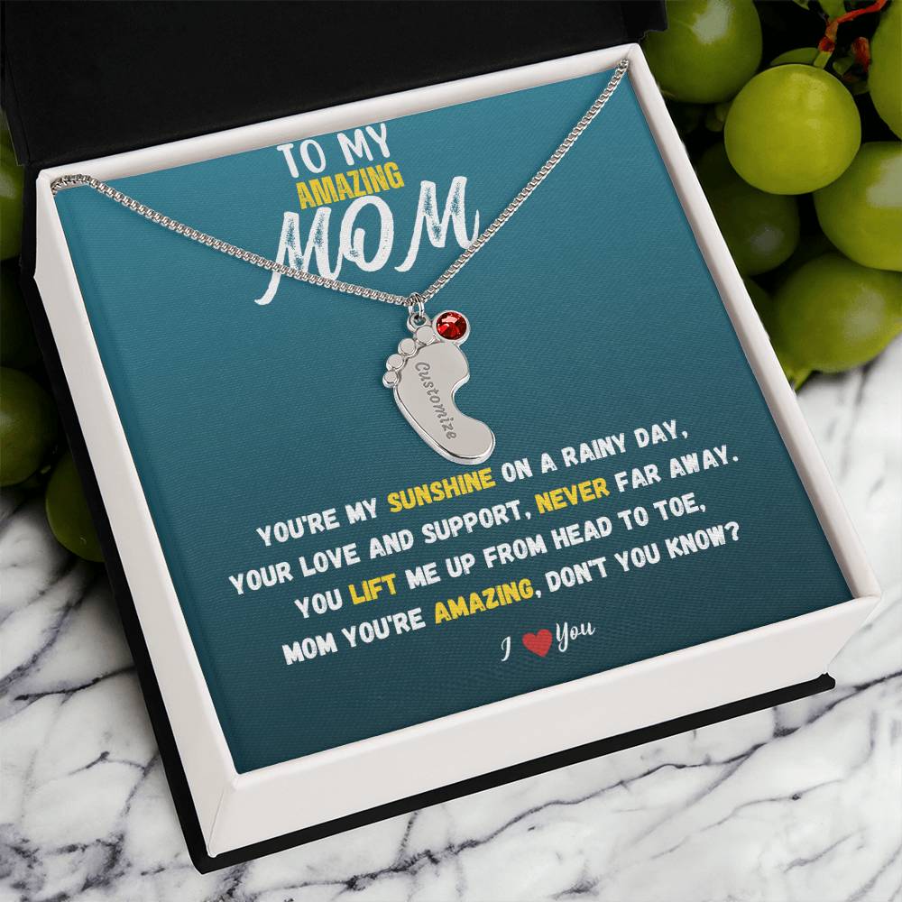 To My Amazing Mom - You're My Sunshine - Birthstone Baby Feet Necklace-silver 1 charm standard box side view